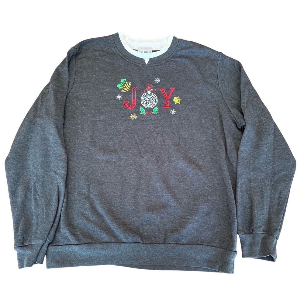 Bon Worth Christmas Sweatshirt Womens Medium JOY Embroidered‎ Holiday Gray